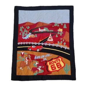 Vintage Large ROUTE 66 Appliqued Quilt Wall Hanging Blanket Throw USA Cars Baby